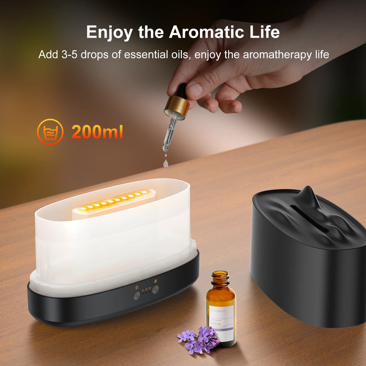 Essential Oil Diffuser, 7 Color Flame Diffuser Humidifier, 200Ml Time Setting for Home, Room, Black